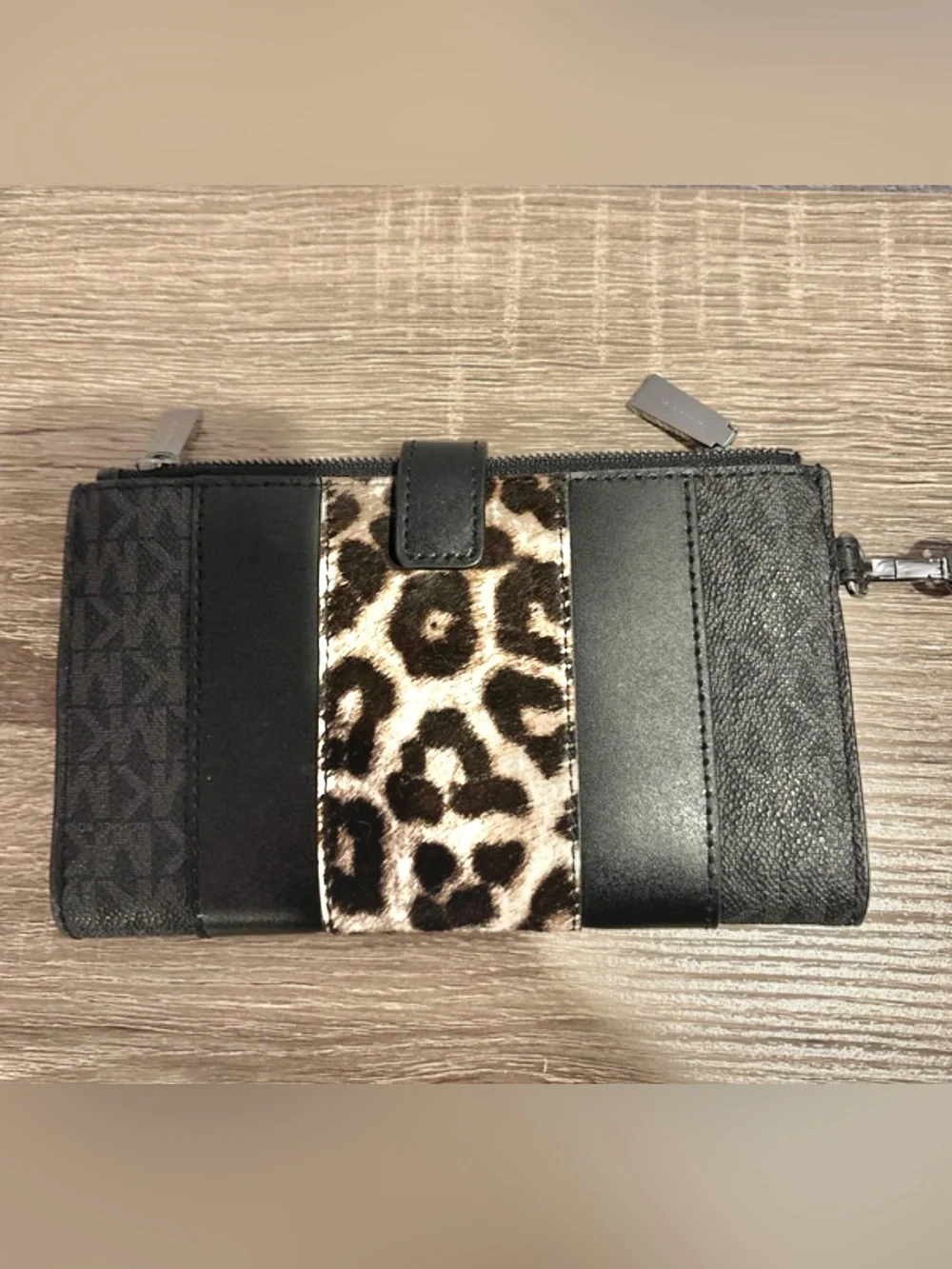 Michael Kors Black Wallet Wristlet with Leopard Accent